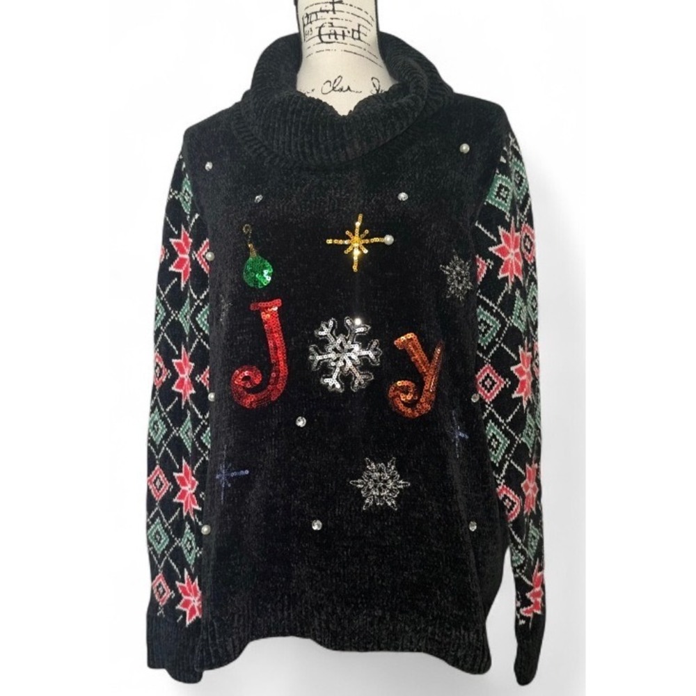99 Jane Street Christmas Sweater Holiday Joy‎ Sequin Ornament Black XXL